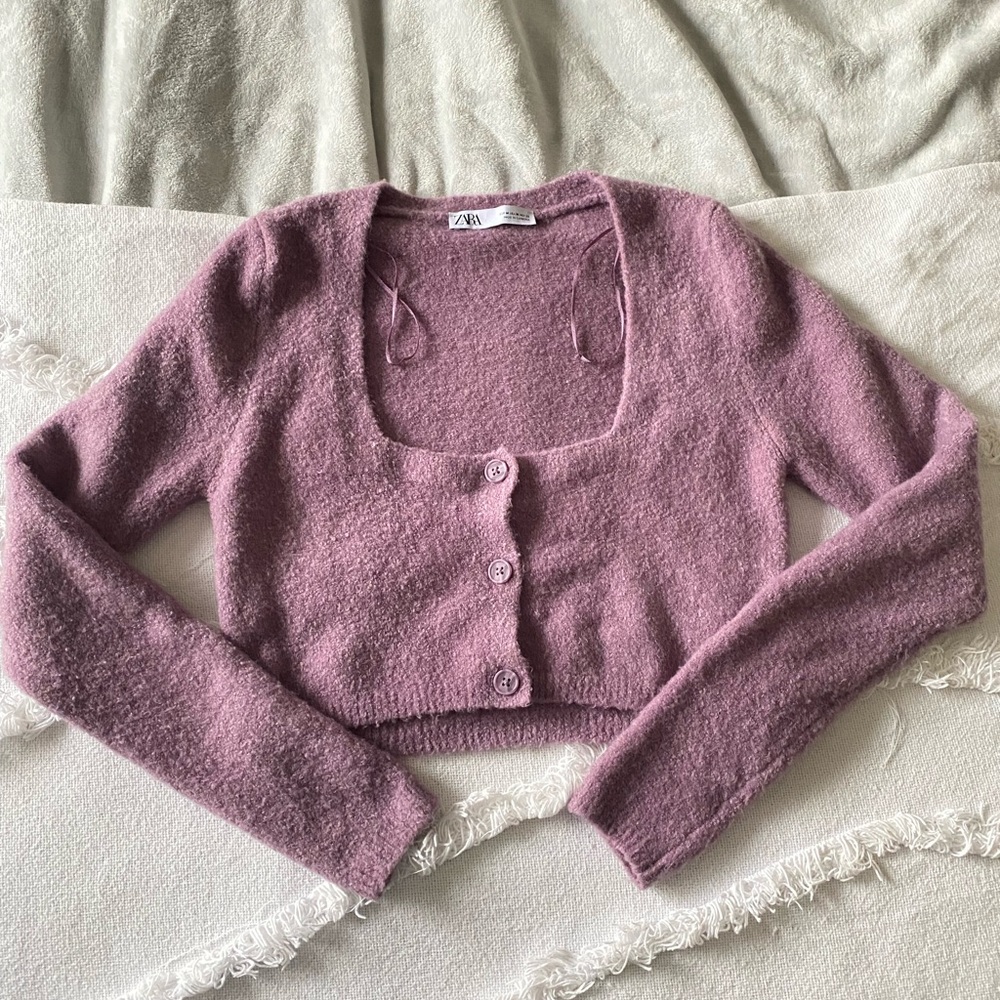 Zara Mauve Cropped Knit Button Cardigan
